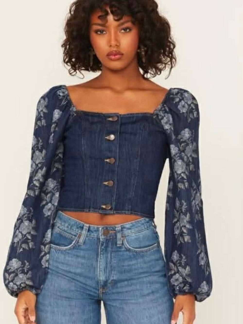 WRANGLER Retro Women's Floral Sleeve Denim Blouse